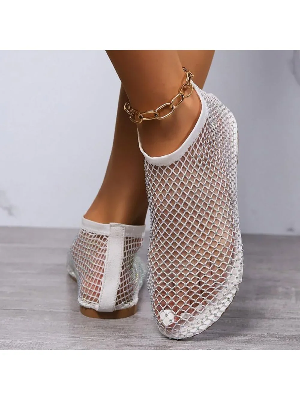 Women's White Mesh Comfortable Fishnet Low Heel Slip on Rhinestone Flats Shoes